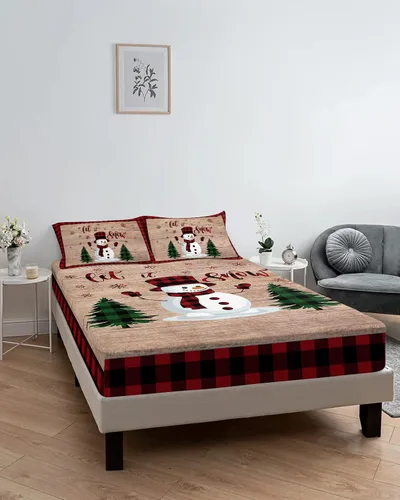 Miniatura 6 de Juego de sábanas con diseño de muñeco de nieve y árbol navideño para cama tamaño queen, 3 piezas - Sábanas con bolsillo profundo que se ajustan a