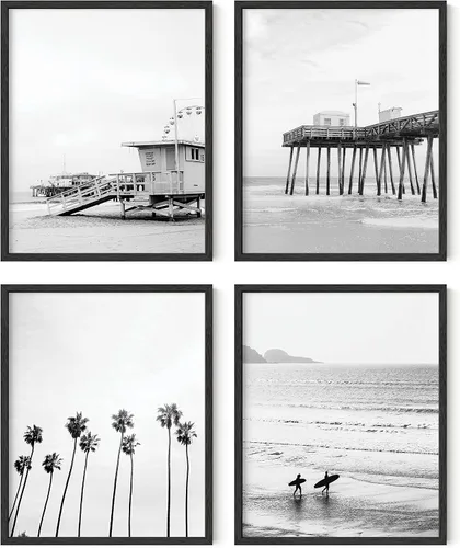 HAUS AND HUES Arte de pared de playa en blanco y negro - Pósteres estéticos de océano de abuela costera, decoración de playa minimalista para el
