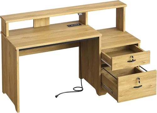 Miniatura 9 de Bestier Escritorio para computadora de 55 pulgadas con tomas de corriente y luces LED, escritorio de oficina en casa con cajón de archivos