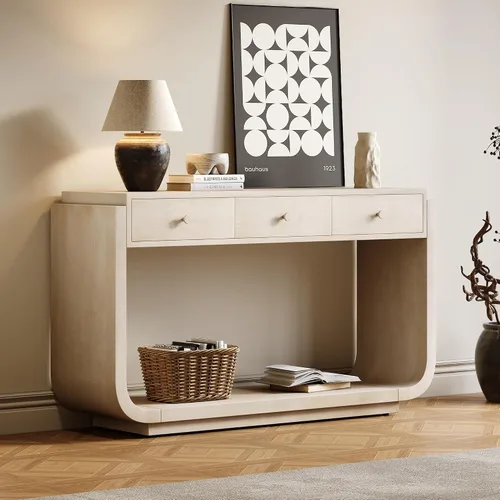Miniatura 30 de 50" Modern Art Sculptural Console Table, Oval Cutout Legs, Wood Veneer, Thick Rounded Tabletop, Contemporary Entryway Sofa Table for Living Room
