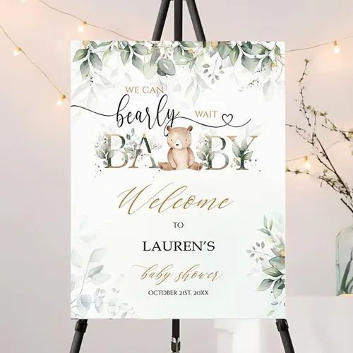 Miniatura 22 de Letrero de bienvenida personalizado de oso azul para niño "We Can Bearly Wait Baby Shower", decoración, letrero de bienvenida para bebé niño
