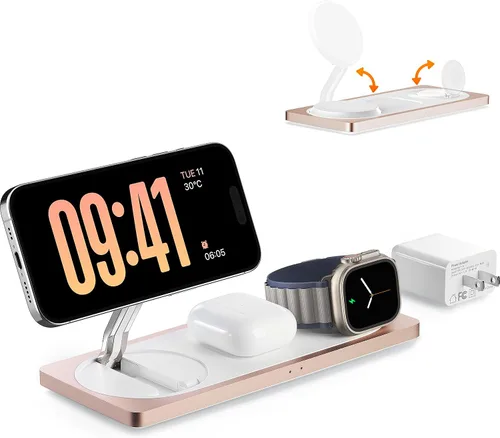 Miniatura 7 de Estación de carga 3 en 1 para dispositivos Apple: Usada para estación de carga de iPhone y reloj con soporte de cargador Magsafe, cargador Dorado