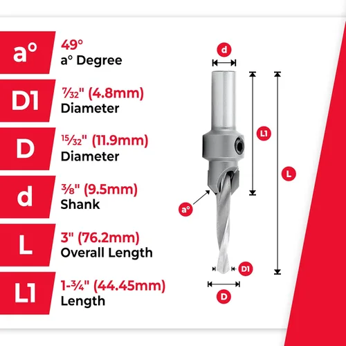 Miniatura 4 de Amana Tool Broca avellanadora con punta de carburo, 55212, 12 tornillos, 15/32 de diámetro x 7/32 de diámetro x vástago redondo de 3/8
