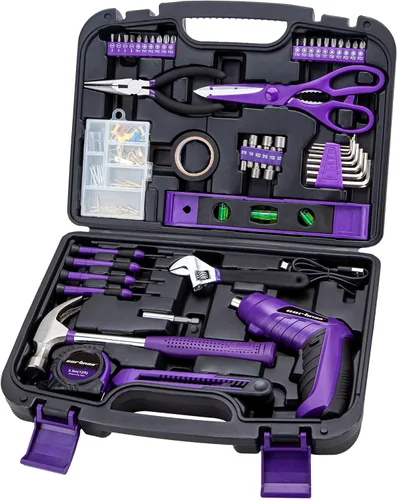 Cartman Juego de herramientas de 149 piezas con destornillador inalámbrico morado Caja de herramientas esenciales para el hogar Kit de herramientas