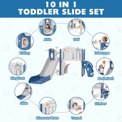 Miniatura 2 de KORIMEFA Juego de toboganes 10 en 1 para niños pequeños, tobogán para bebés de 1 a 3 años con lanzamiento de anillos y aro de baloncesto, juego