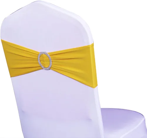 Miniatura 13 de Paquete de 50 bandas elásticas para sillas de bebé azul para boda, bandas elásticas de licra con hebilla deslizante, arcos de sillas de spandex