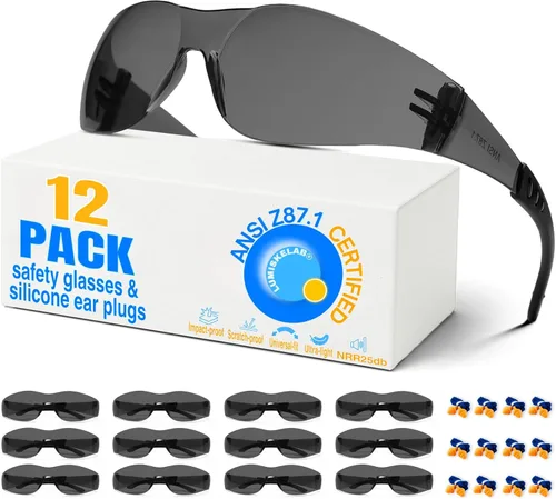 Miniatura 9 de Paquete de 12 lentes de seguridad transparentes para hombres y mujeres – Certificado ANSI Z87.1, 12 tapones de silicona para los oídos (NRR 25 dB)