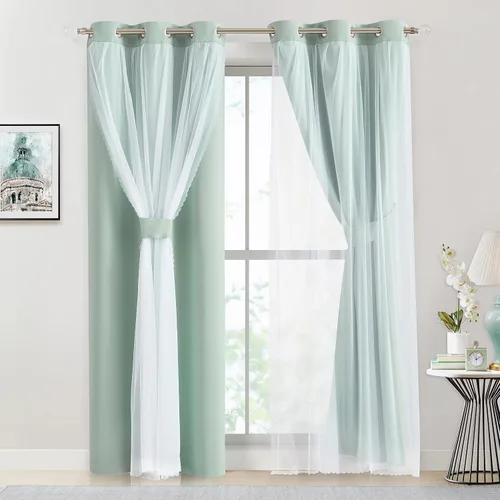 Miniatura 2 de Bujasso Cortinas de oscurecimiento 80% Aqua con superposición de gasa, paneles de ventana térmicamente aislados de doble capa, combinables, 63 huevo
