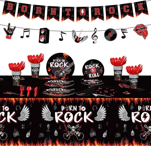 Yaomiao 172 piezas de suministros de fiesta temática de rock Born to Rock, pancarta de notas musicales, guirnalda, juego de vajilla para fiesta