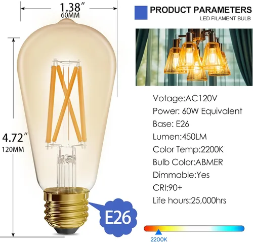 Miniatura 2 de Bombilla LED Edison vintage de filamento ámbar ST19 con brillo ámbar, bombilla de filamento de 5 W, vidrio ámbar, CRI alto de 90+, regulable, 2200 K