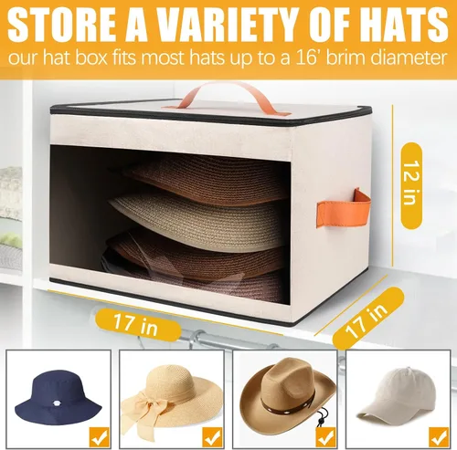 Miniatura 4 de kushon Caja de almacenamiento mejorada para sombreros para mujeres y hombres, bolsa organizadora de cajas de sombreros de armario con tapas a prueba