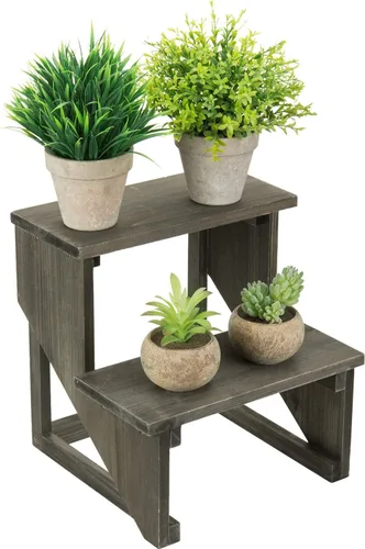 Miniatura 3 de MyGift Estante de 2 niveles de madera rústica gris oscuro para plantas de escritorio, soporte de maceta estilo granja, organizador de exhibición