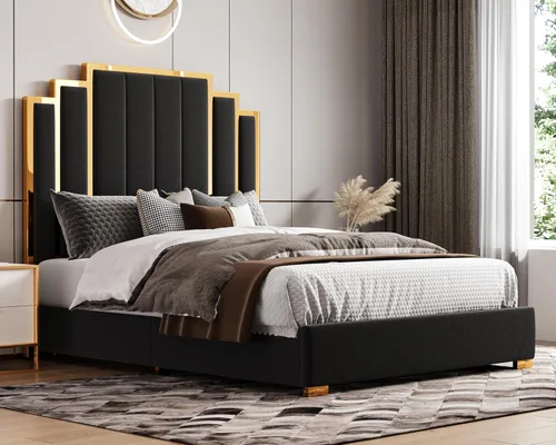 HOWE Base de cama tamaño Queen y cabecera de 61 pulgadas, cama tapizada con borde chapado en oro, cama de plataforma moderna, no necesita somier,