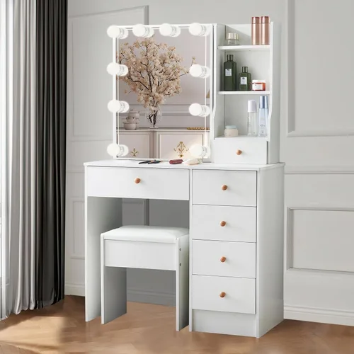 Miniatura 4 de Espejo de tocador con luces, escritorio y silla, 5 cajones y gabinete, mesa de maquillaje con espejo grande HD, 3 modos de iluminación, mesa