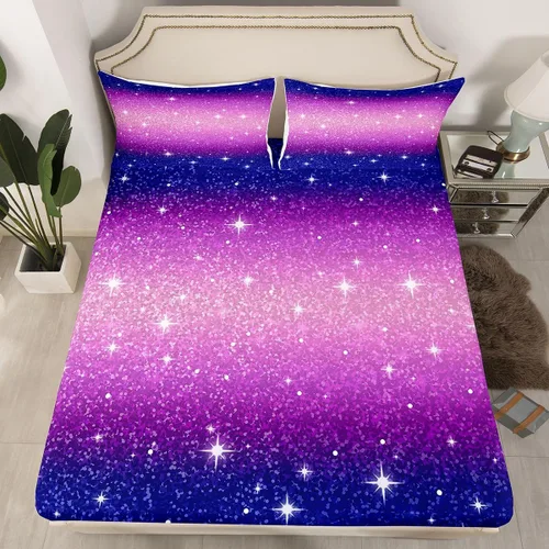 Miniatura 10 de Erosebridal Juego de ropa de cama de lentejuelas con purpurina y estrellas, sábanas de bolsillo profundo arcoíris y galaxia espacial, sábana bajera