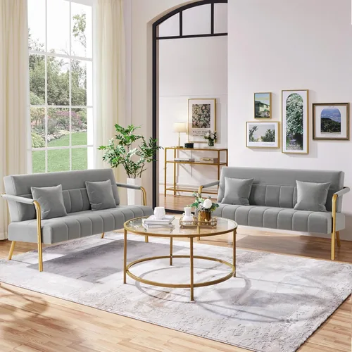 Miniatura 2 de Yaheetech Sofá moderno de 56.5 pulgadas de ancho, sofá pequeño de tela de terciopelo de lujo con brazos y patas de metal dorado para sala de estar