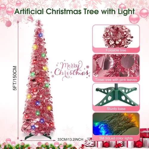 Miniatura 2 de Árbol de Navidad Emergente de 5 Pies con Luces, Árbol de Lápiz Plegable Rosa, Árbol de Navidad Delgado Árbol de Navidad Esbelto, Árbol de Oropel