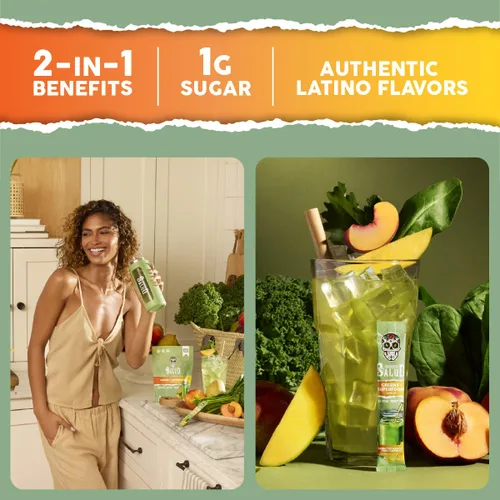 Miniatura 4 de Salud - Paquete de 2 paquetes de mezcla de bebidas verdes 2 en 1 en polvo + superalimentos, durazno mango y fresa lima, 15 porciones cada una, más