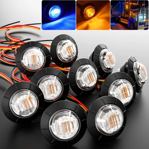 BJZ juego de 10 luces LED de 3/4" redondas para remolque, luz de gálibo lateral de color ámbar a azul, luz de cola tipo bala, indicador de 12V con 4