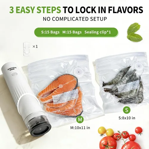 Miniatura 4 de Xinyonxin Máquina selladora al vacío de mano con 30 bolsas reutilizables, bomba eléctrica inalámbrica de conservación de alimentos para carne y sous