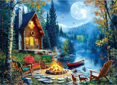 Rompecabezas de 1000 piezas para adultos, cabaña junto al lago iluminada por la luna con hoguera para adultos, rompecabezas imposible desafiante,