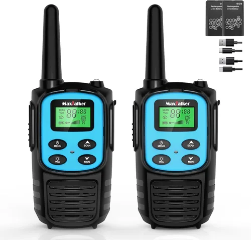 Miniatura 10 de Walkie Talkies MaxTalker de largo alcance para adultos, MT10 Walkie Talkies recargables FRS de 2 vías, NOAA, batería de 1200mAh Li-ion con cable