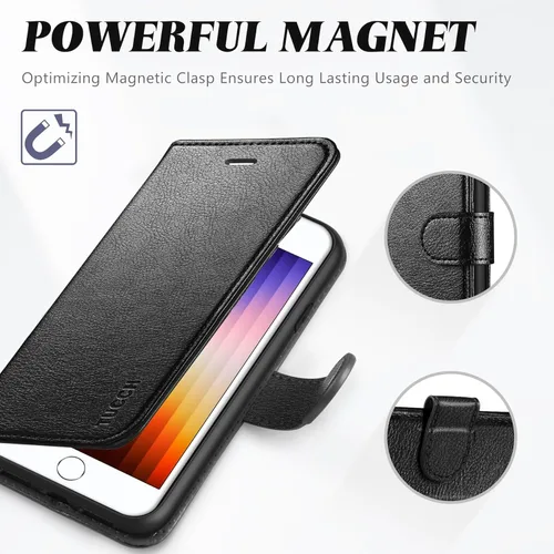 Miniatura 7 de TUCCH Funda tipo cartera para iPhone SE 2022/SE 2020/iPhone 8/7, tarjetero con función atril de piel sintética, magnética, funda protectora de Negro