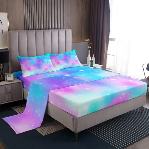 Miniatura 10 de Outer Space - Juego de sábanas tamaño matrimonial para niñas y niños, diseño de arco iris, galaxia, estrellas, planeta, kawaii, pastel, rosa, azul
