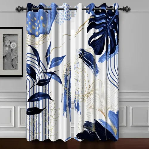 Boho Navy Blue Leaf Blackout Curtains 63 inch Length, Bohemian Mid Century Palm Leaves Window Drapes for Bedroom Living Room 2 Panels, 21x63 inch