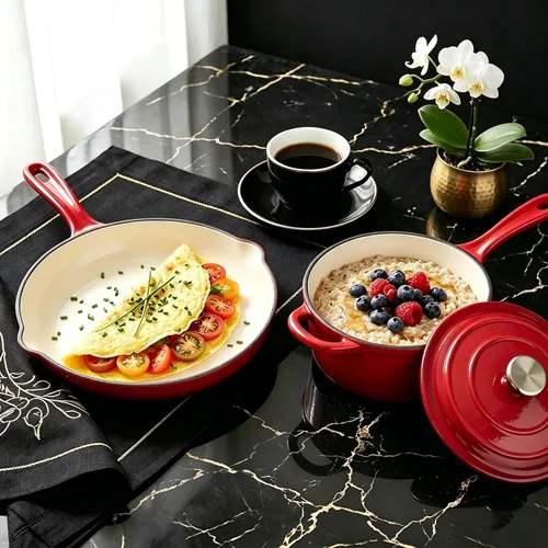 Miniatura 9 de QuliMetal Juego de utensilios de cocina de hierro fundido esmaltado antiadherente, 7 piezas de ollas y sartenes con tapa, sartén, cacerola, olla Rojo