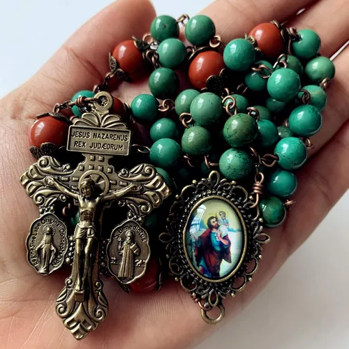 Miniatura 4 de elegantmedical Hanmade - Cuentas de oración de cornalina roja y cuentas de howlita rosario católico de bronce envejecido Crucifijo collar de cruz