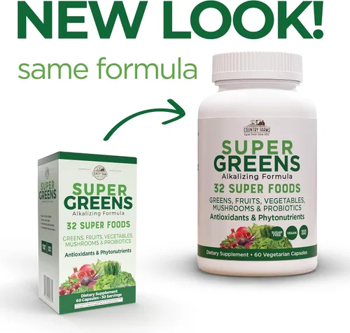 Miniatura 4 de COUNTRY FARMS Super Greens Vegicaps, 32 súper alimentos, suplemento de alimentos integrales, verduras, frutas, vegetales, hongos y probióticos, rico