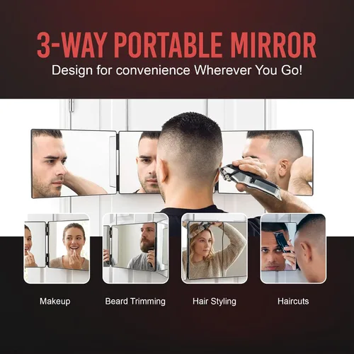 Miniatura 5 de Self-Cut System Espejo de Barbero de 3 Vías con Ganchos Ajustables en Altura, Espejo Tríptico Self Cut de 360° para Cortes de Cabello para Hombres