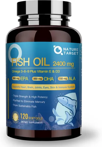 NATURE TARGET Triple Omega 3 6 9, Aceite de Pescado 2400mg Cápsulas Blandas con Vitamina D3 y E - EPA y DHA y ALA - Apoya la Salud del Corazón,