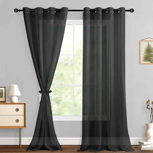 Miniatura 146 de Hiasan - Cortinas traslúcidas de gasa cortas semitransparentes con ojales y alzapaños filtrantes de luz para ventana, dormitorio, baño, 2 paneles