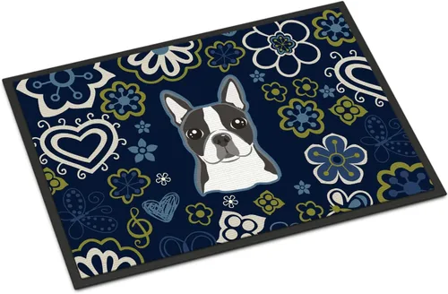Caroline's Treasures BB5054JMAT Boston Terrier - Tapete para puerta delantera, 24 x 36 pulgadas, diseño de flores azules, para interiores y Boston