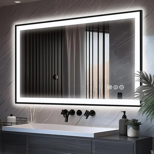 Miniatura 74 de EchosLife Espejos de baño LED de 20 x 28 pulgadas para pared, marco de aluminio negro (frontal y retroiluminado), espejo de tocador antivaho