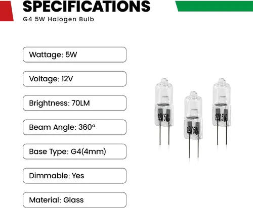 Miniatura 3 de Bombilla halógena G4 de 5 W, 2 pines, 12 V, G4, repuesto para luz de disco debajo del gabinete, candelabros de cocina, lámpara colgante de mesa