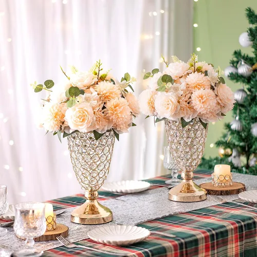 Miniatura 6 de Jarrón floral de trompeta de cristal dorado, 2 centros de mesa para mesa de boda, jarrón de cristal de hierro forjado de 10.6 pulgadas, jarrones