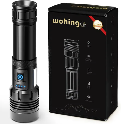 Linterna Wohingo Recargable 2000 Altos Lúmenes IPX6 Impermeable Super Brillante con 7 Modos y Luz Lateral COB, Luz de Mano Ampliable Más Brillante