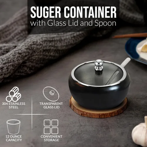 Miniatura 4 de Azucarero con tapa y cuchara Recipiente de azúcar de 12oz para barra de café Frasco portasal, té, caramelos, azúcar en cubo, azúcar moreno, ghee