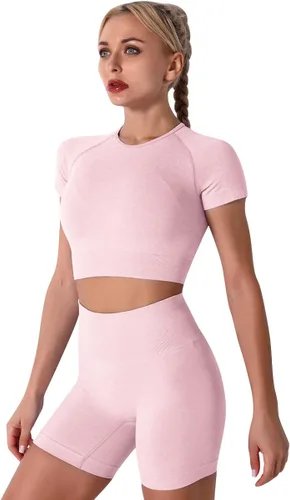 Miniatura 6 de Conjunto de 3 piezas de yoga sin costuras para mujer, camiseta corta de manga corta, brasier deportivo para gimnasio, cintura alta, pantalones