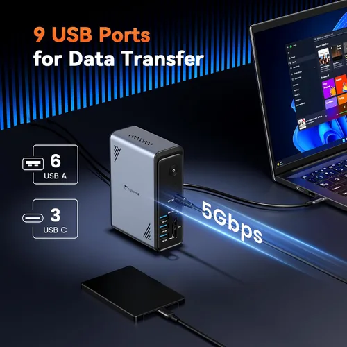 Miniatura 11 de TobenONE Estación de acoplamiento para laptop 18 en 1, 3 monitores, pantalla triple 4K con 3 HDMI, 9 puertos USB, Gigabit Ethernet, PD3.0