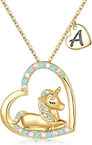 Regalos de unicornios para niñas, chapado en oro de 14 quilates, chapado en oro rosa, colorido corazón de circonita cúbica, collares de unicornio