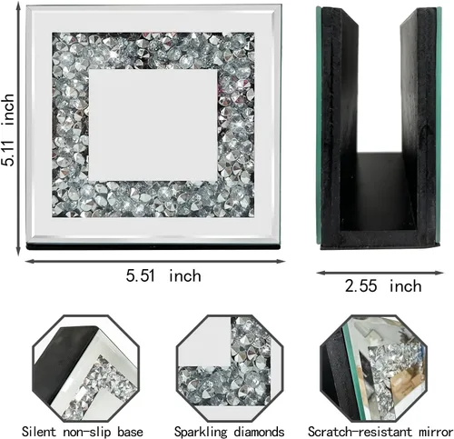 Miniatura 3 de Servilletero de diamante triturado de cristal, soporte vertical cuadrado con espejo, bonito soporte de servilleta de espejo de vidrio para mesa