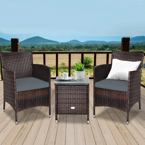 Miniatura 8 de RELAX4LIFE Juego de 3 muebles de patio con cojines extraíbles, juego de conversación de ratán al aire libre con mesa de centro cuadrada, juego de 3
