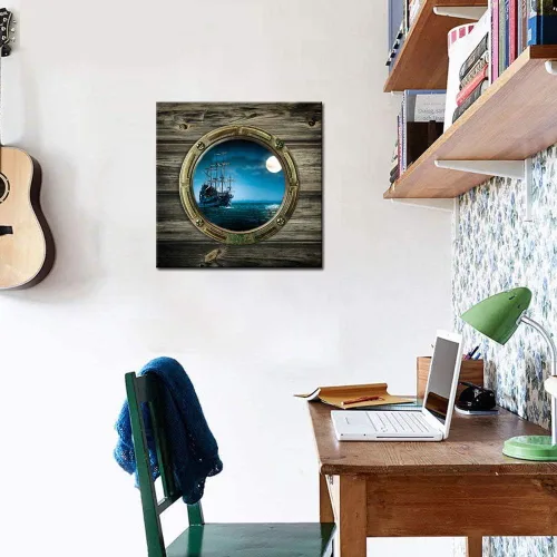 Miniatura 5 de Biuteawal - Lienzo con vista nocturna de luna llena, vista de ventana del océano, arte de pared, barco de vela, pintura de paisaje marino, obras