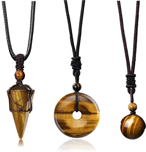Jovivi Juego de 3 collares de piedra de cristal curativo para hombres y mujeres, amatista natural, obsidiana negra, ojo de tigre, piedras preciosas