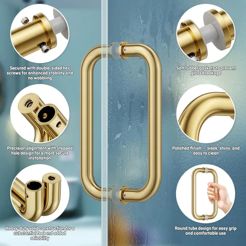 Miniatura 3 de Ranbo Manija tubular de puerta de ducha CTC dorada pulida de 8 pulgadas, acero inoxidable 304 de 1/4 a 1/2 pulgadas de grosor y puertas de madera