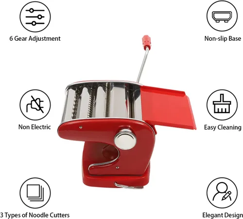 Miniatura 2 de Máquina para hacer pasta, hecho en casa de acero inoxidable manual con 6 ajustes de grosor ajustables, cortador de fideos resistente para Rojo